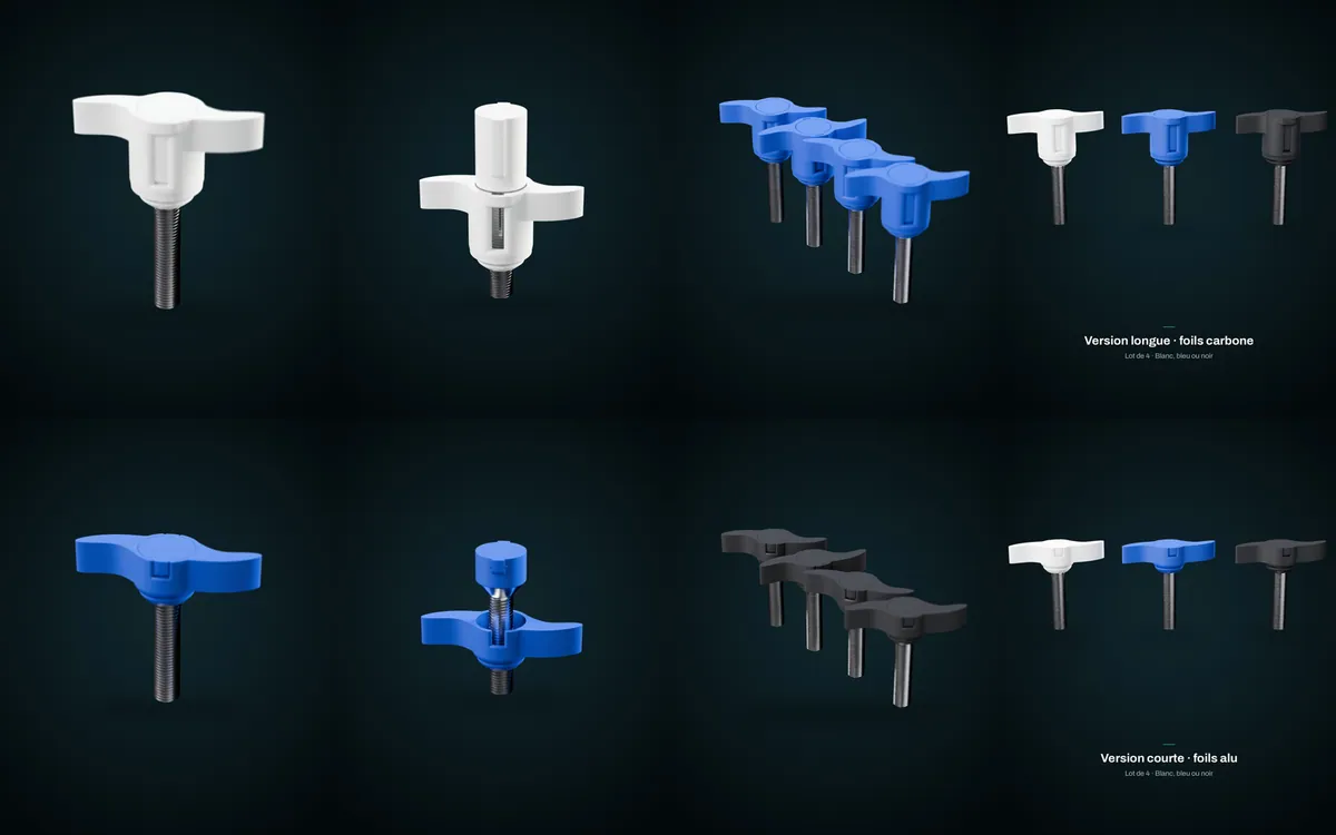 Gamme des adaptateurs de vissage rapide M8 : version longue et version courte, en blanc, bleu ou noir